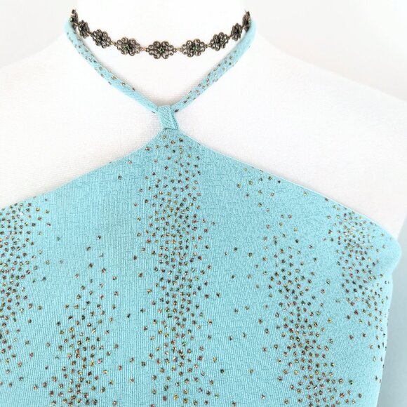 Vintage 00s Y2K Blue Glitter High Neck Tie-Up Halter Tank Top Size Juniors Large - Picture 4 of 5